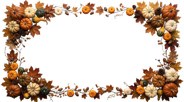 Autumn floral wreath with pumpkins and maple leaves decorative frame isolated on transparent background