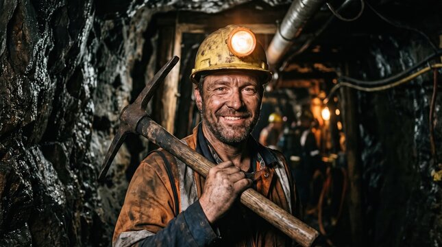 Smiling miner holding pickaxe in underground coal mine tunnel