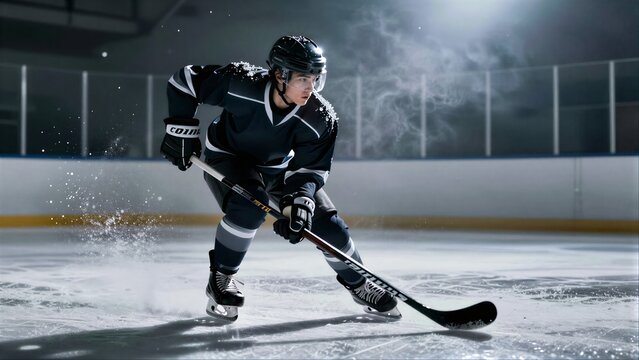 Ice hockey player skates aggressively, stick poised for a powerful shot.