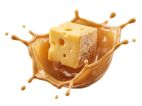 Cheese cube splashing in melted cheese sauce on black background. Dynamic liquid motion with droplets. Food photography for dairy products and recipes