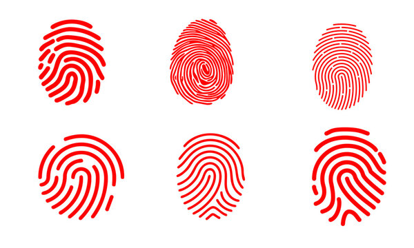 Red fingerprint icons set, 6 biometric thumbprint vector elements, digital security and forensic identification symbols on white background