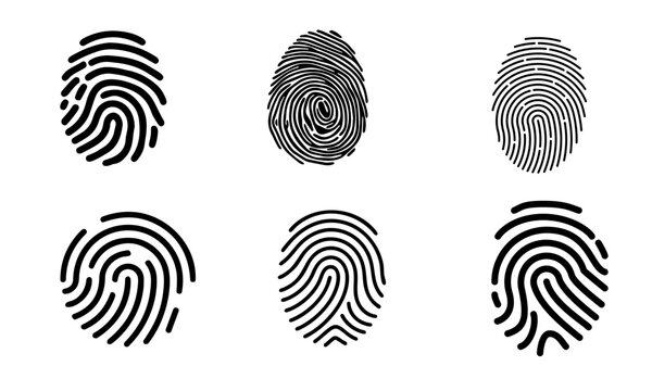 Black fingerprint icon set, 6 biometric identification symbols, forensic thumbprint vector elements for security and authentication