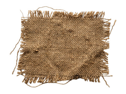 Textured burlap fabric with frayed edges laid flat on a transparent surface.
