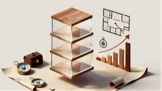 Wooden structure with compasses, charts, and a rising graph symbolizing growth.