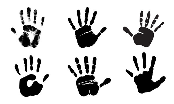 Black handprint silhouette collection, set of 6 ink hand prints, grunge human palm and finger marks, textured paint handprint vector icons