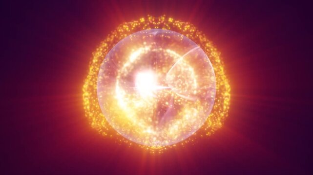 Brilliant golden plasma sphere radiating fiery light and particles against a deep purple abstract background.
