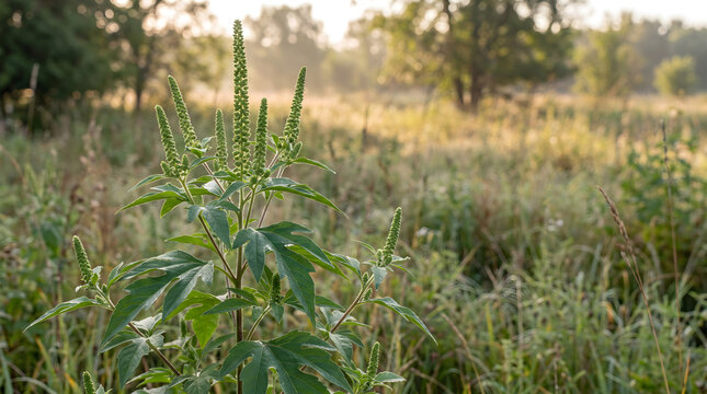 A close up view of ambrosia trifida growing wildly in a sunny open field during the early morning hours