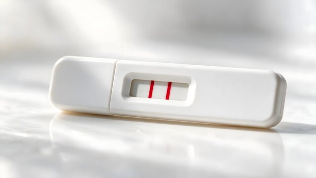 Pregnancy test kit showing positive result with two red lines on white background