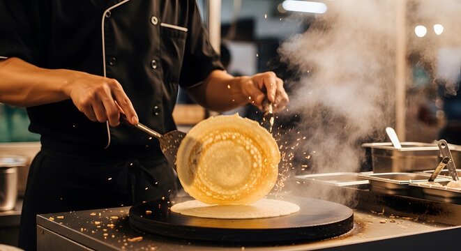 Professional chef making crepes on a hot griddle in a busy street kitchen with street food