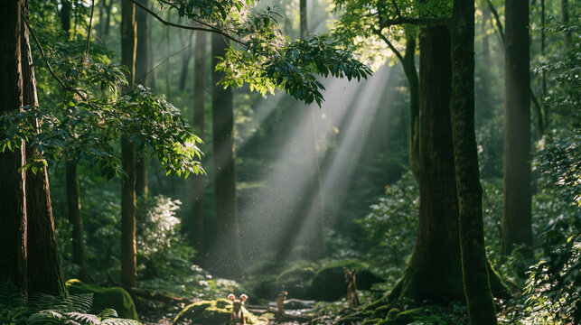 Sunlight rays streaming through tall forest trees in the morning mist