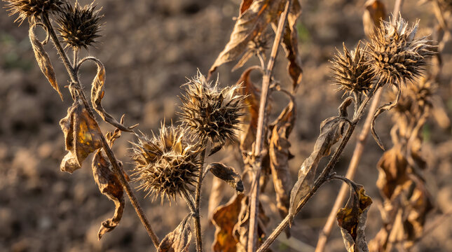 Dry ambrosia trifida plants with spiky seed heads standing in a dry field during the autumn harvest season