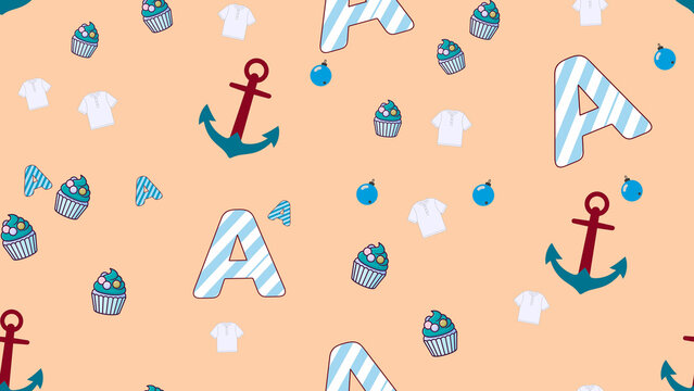 Seamless pattern with anchors, cupcakes, t-shirts, and letter A