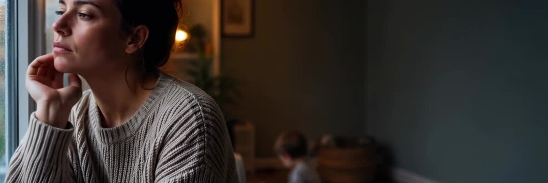 Worried woman sitting at home while child plays in the background, emotional wellbeing website banner with copy space