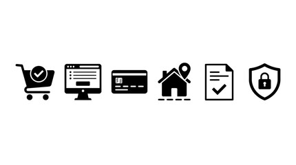 Obraz premium Online checkout icon set showing steps for e-commerce shopping including cart, payment card, delivery address, and secure shield.