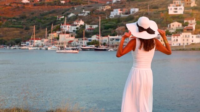 A tourist woman in a white summer dress enjoys the sunset view of the village Vourkari at Kea - Tzia island, Cyclades, Greece