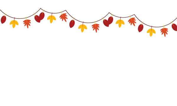 Autumn leaf garland vector illustration, festive fall foliage bunting on string, seasonal orange and red leaves border for thanksgiving celebration
