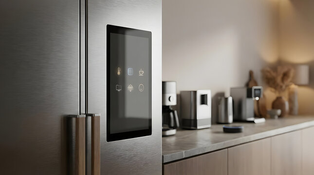 Smart refrigerator with touch screen in modern kitchen