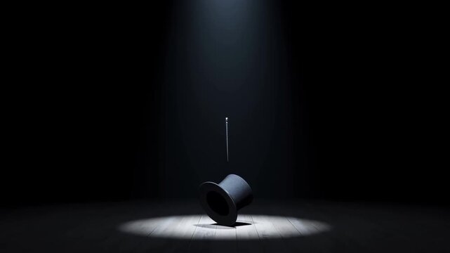 Tilted black top hat resting on dark theater stage beneath a single spotlight