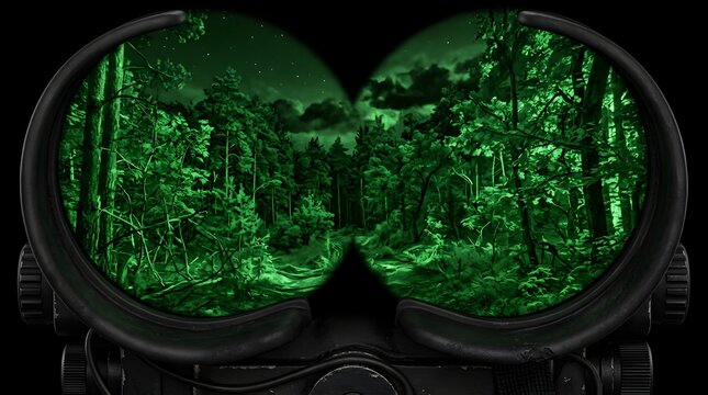 Night vision view through binoculars looking at a dark forest at night