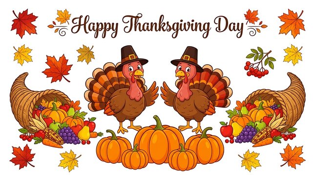 Happy thanksgiving day greeting card with turkeys, pumpkins, and cornucopia isolated on white background