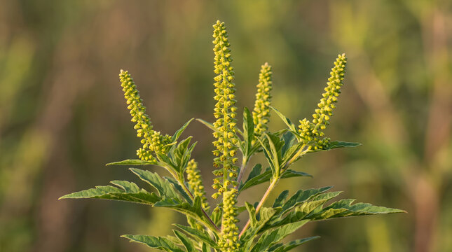 Ambrosia trifida giant ragweed plant blooming with pollen spikes, an allergen weed in nature during season