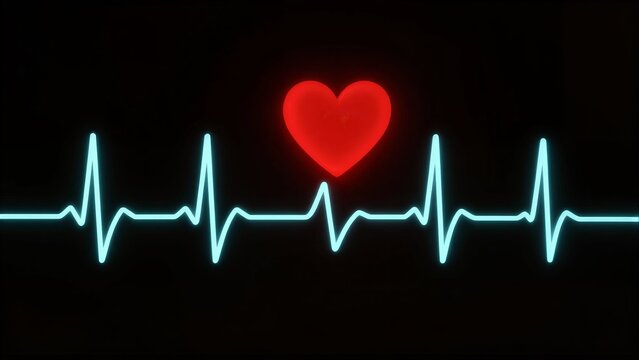 Red heart pulses rhythmically on a glowing EKG line against black background.