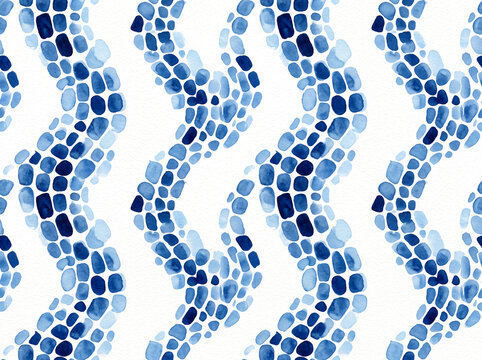 Watercolor seamless pattern with wavy blue brush stroke mosaic paths on white background