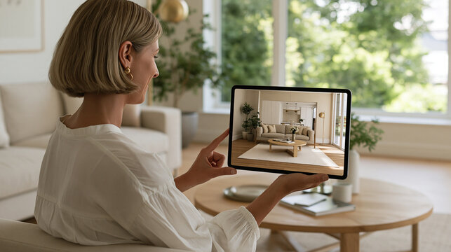 Interior designer using a tablet to show a realistic 3D visualization of a future living room while client studies the concept, digital interior architecture, virtual design, home