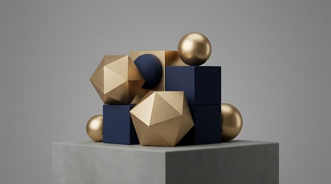 Abstract composition with geometric shapes, gold and dark blue spheres, cubes, and polyhedrons arranged on a grey platform, 3d render