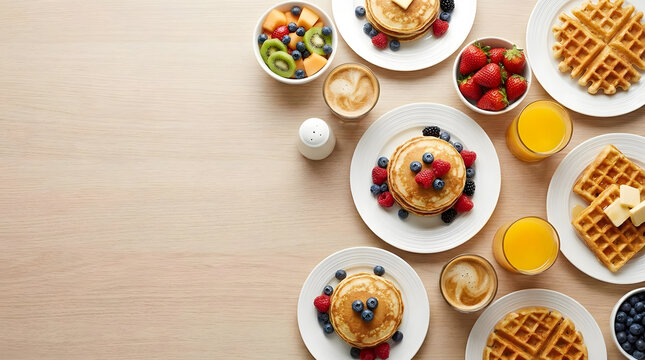 Flat lay breakfast platter with pancakes and waffles.