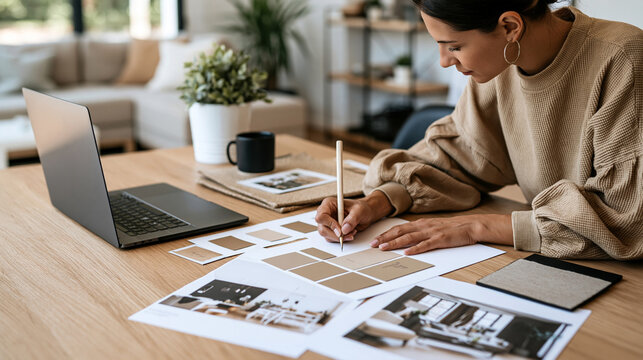 Interior designer carefully selecting materials and coordinating a color palette for a modern living room renovation, samples arranged beside furniture references, home