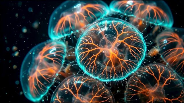 Macro close-up of glowing bioluminescent jellyfish, translucent neon cyan hydroid bells with orange glowing veins floating underwater, deep sea marine life and abstract alien nature concept