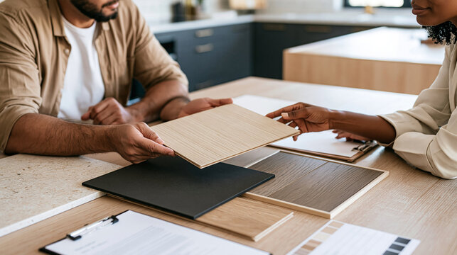 Contemporary kitchen design consultation with designer and homeowner comparing cabinet finishes, countertop stone and flooring samples, renovation planning, kitchen remodeling,