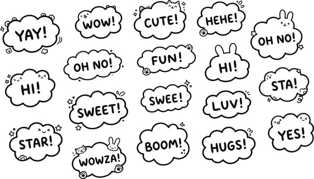 Hand drawn doodle speech bubbles with cute animal faces vector graphic for chat design