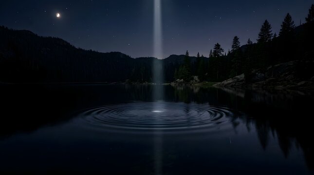 Vertical beam of light shining on a dark lake at night under starry sky