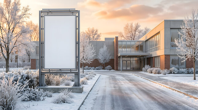 Blank vertical billboard mockup outside modern office building in winter