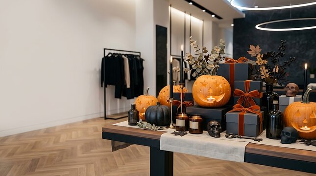 Festive Halloween display with carved pumpkins and gifts in a store aisle, showcasing seasonal decor and autumn ambiance
