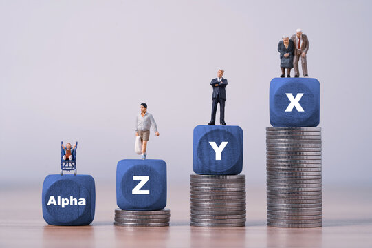 Generational wealth concept with Alpha, Gen Z, Gen Y and Gen X figures standing on rising coin stacks for financial inequality, savings retirement, income gap and wealth distribution.