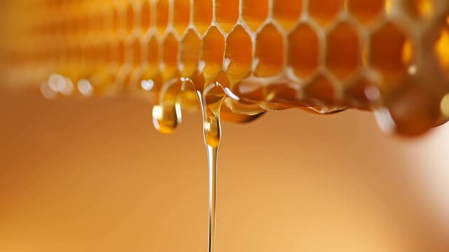 Honey droplet hangs from golden honeycomb in warm amber closeup setting
