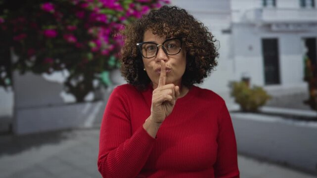 Woman finger to lips for silence in street with white building behind and pink bougainvillea; quiet contemplation.