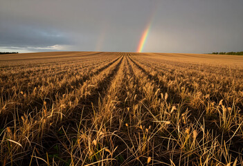 Obraz premium Agriculture and sustainability, rainbow over harvested wheat field after storm, rural landscape with golden stubble and dramatic sky at sunset