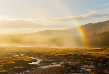 Obraz premium Hope and renewal concept, rainbow over misty golden landscape at sunrise, environmental conservation and climate resilience in a wild natural wilderness