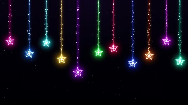 colorful hanging neon star lights string with sparkling particles background