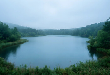 Obraz premium Serenity and mindfulness, calm lake landscape with morning fog and dense forest, peaceful nature scenery for mental health and environmental wellness