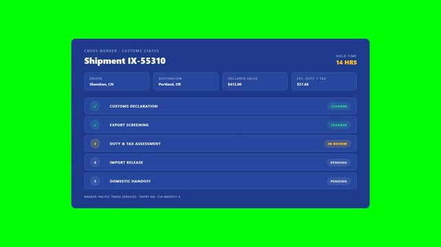 Animated International Customs Duty Inspection and Clearance Status Tracker on Green Screen