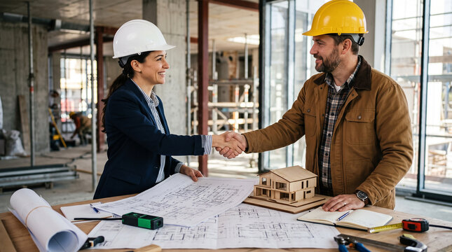 Female architect and construction contractor shaking hands over building blueprints and house model at a construction site, representing successful project agreement and teamwork