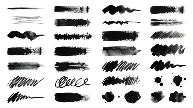 Collection of Black Ink Brush Strokes and Splatters.
