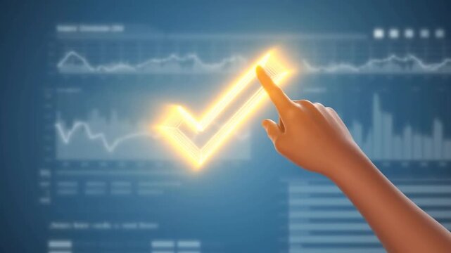 Hand pointing at downward arrow on digital financial dashboard showing market decline