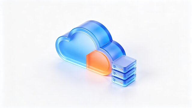 Cloud computing and secure server infrastructure with blue cloud and data storage hardware, idea for modern digital technology presentation banner