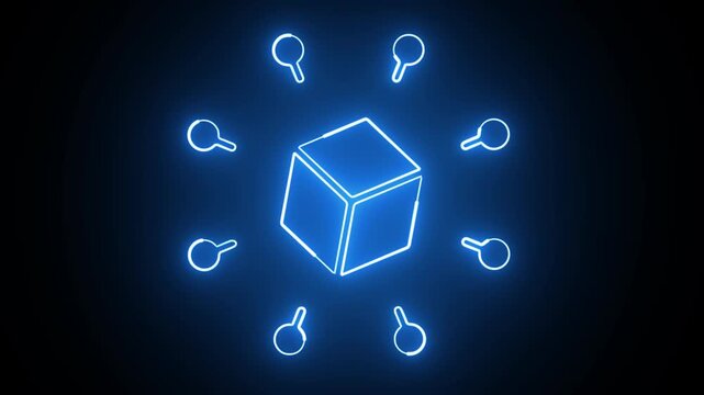 Animated glowing neon cube. connected digital nodes and luminous lines on dark futuristic background.